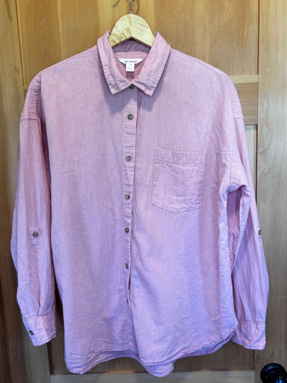 Joe Fresh Linen Cotton Button-Up Shirt Pink/Coral Roll Tab Sleeves Women’s Lg